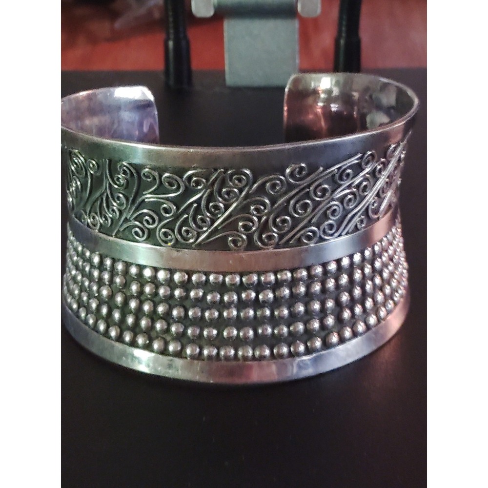 Heavy 925 Beaded And Scroll Design Cuff Bracelet Bold Marked 56 G